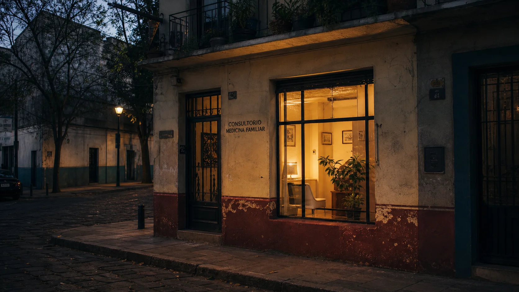 Clinic exterior at dusk, warm interior light spilling onto a quiet Tulum street