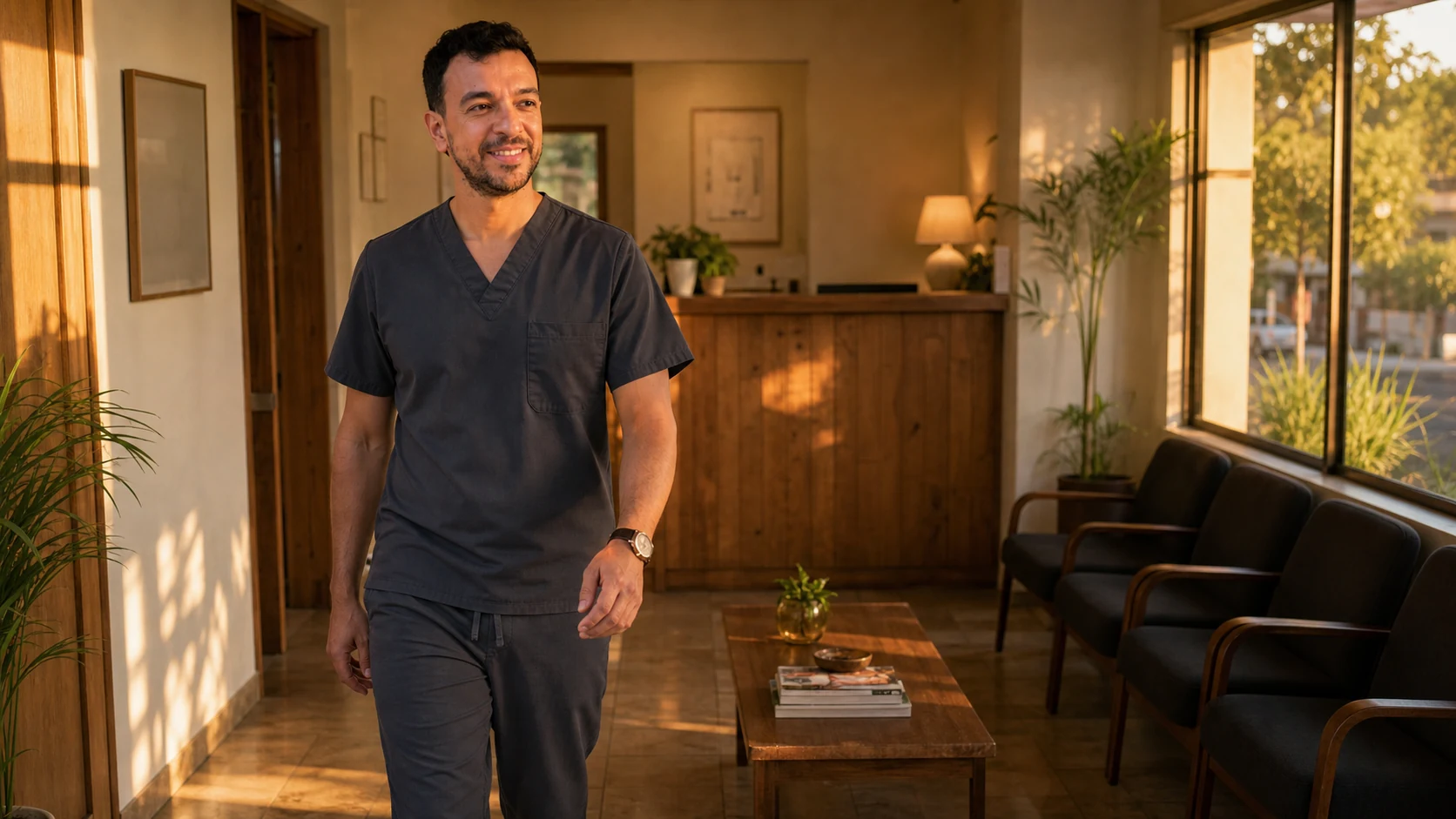 Dr. Zavala walking through his empty waiting room at the end of the day, calm and resolved