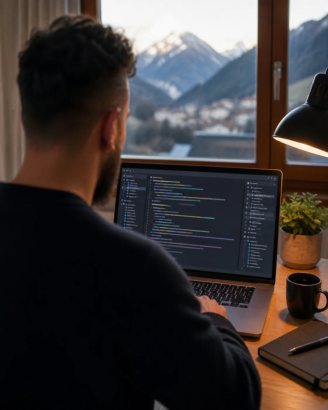 Emin at his desk, looking at his MacBook with a code editor open, alpine view through the window