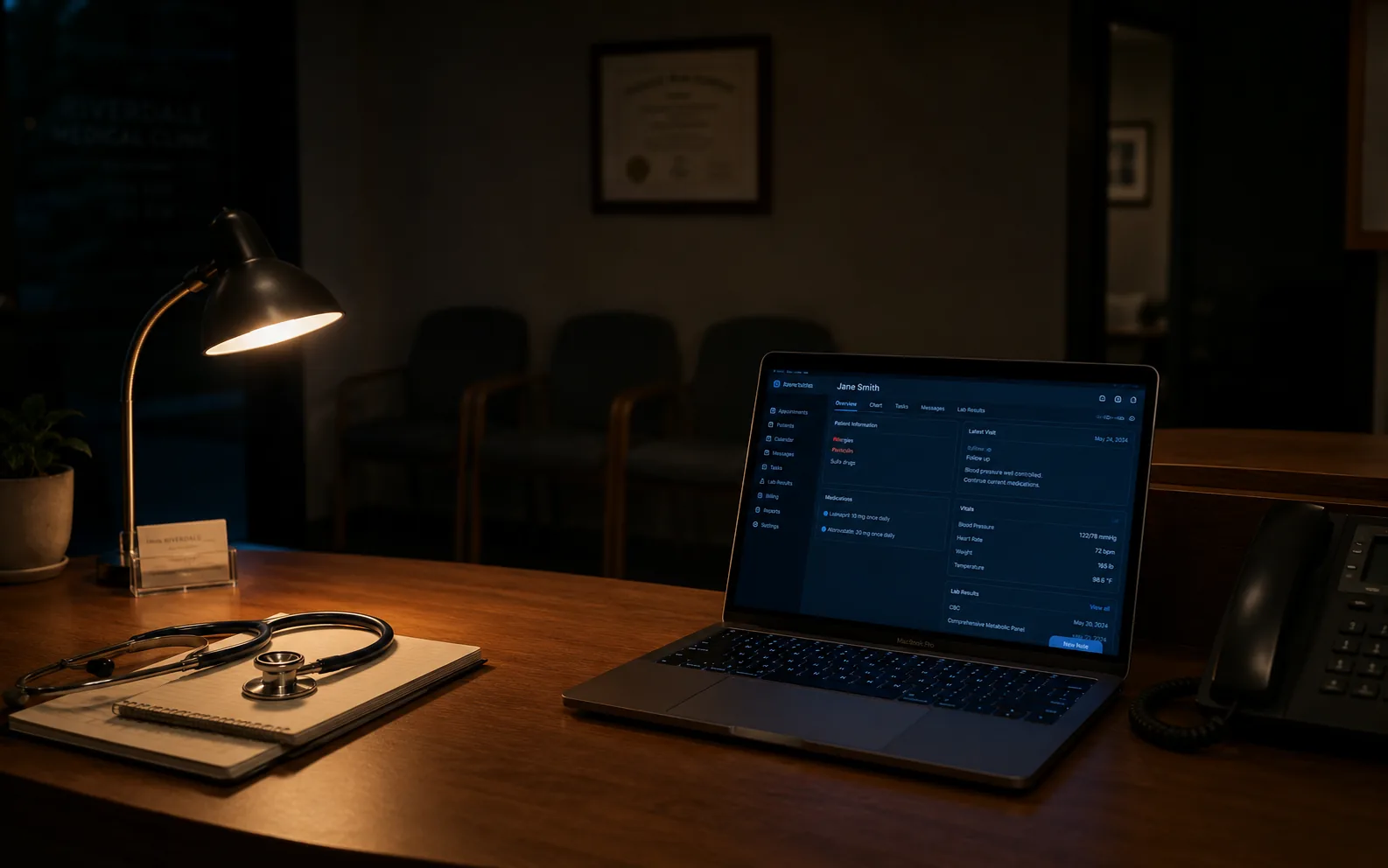 A clinic reception desk in the evening, MacBook Pro open and quietly glowing, single desk lamp casting warm light over a notebook and stethoscope, empty waiting chairs in shadow behind