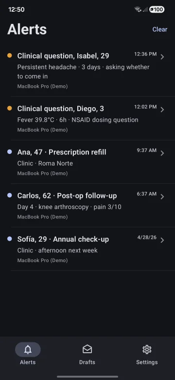 ClinDesk Companion on Android lock screen with a patient handover alert