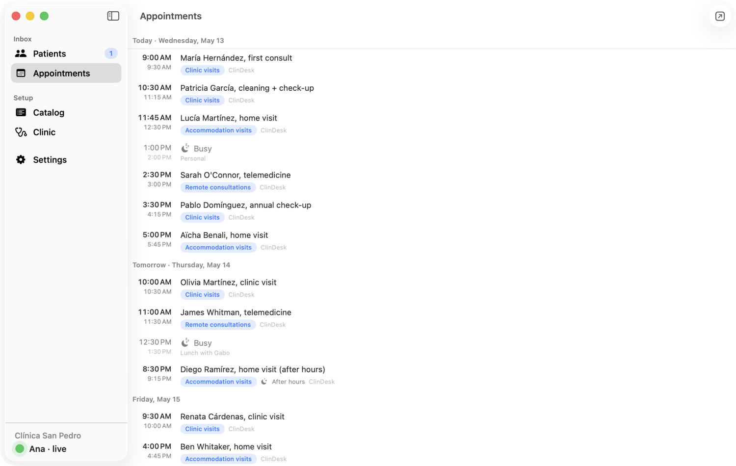ClinDesk Mac app showing the Appointments view with today and tomorrow's bookings grouped by day