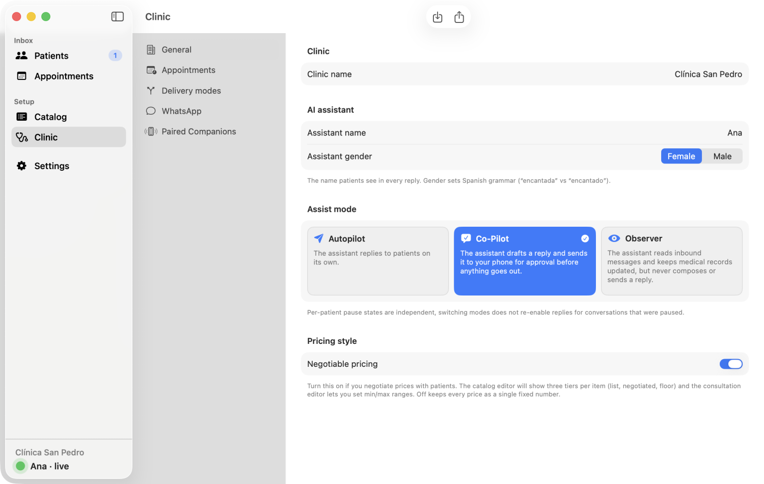 ClinDesk Mac app showing the clinic settings panel, name, hours, languages, assistant identity