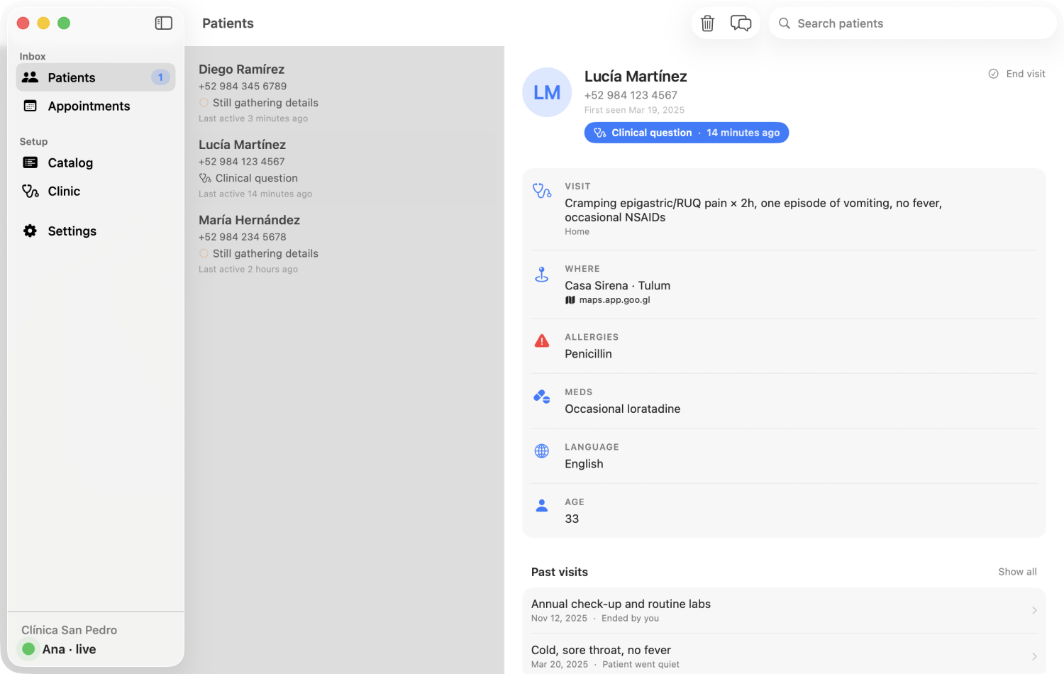 ClinDesk Mac app showing a patient summary for Lucía, message thread, intake fields, triage tier